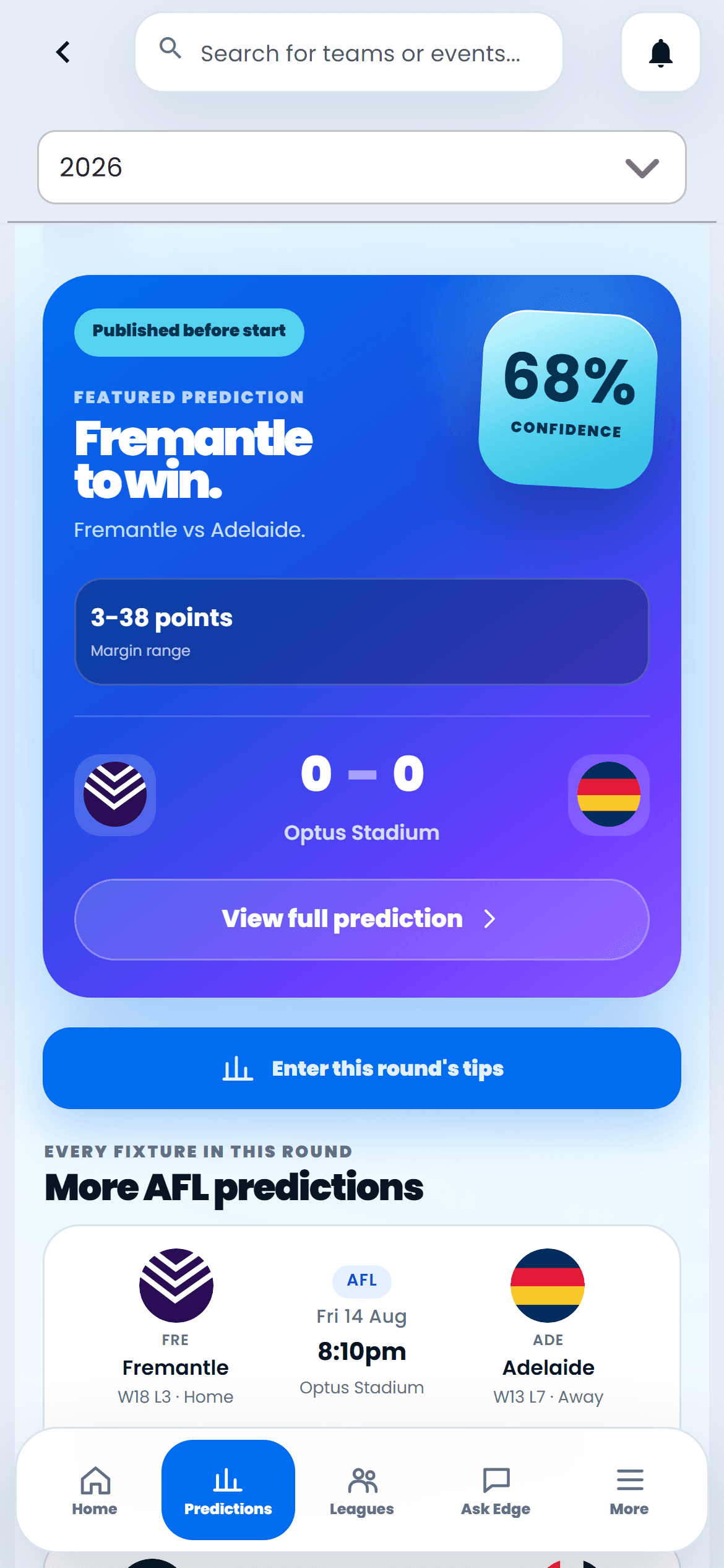 AFL predictions in the Sport Insights app