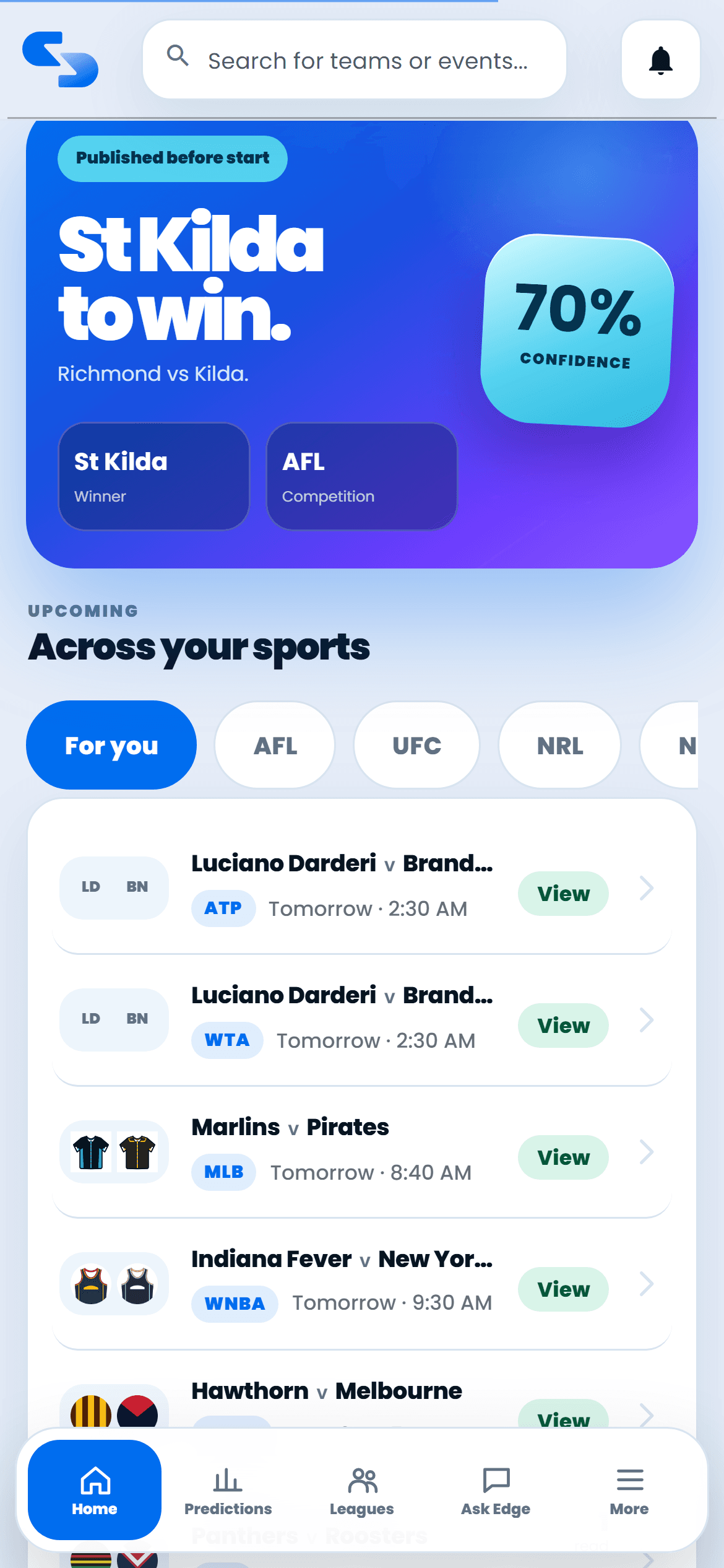 The Sport Insights home feed showing upcoming fixtures with confidence percentages