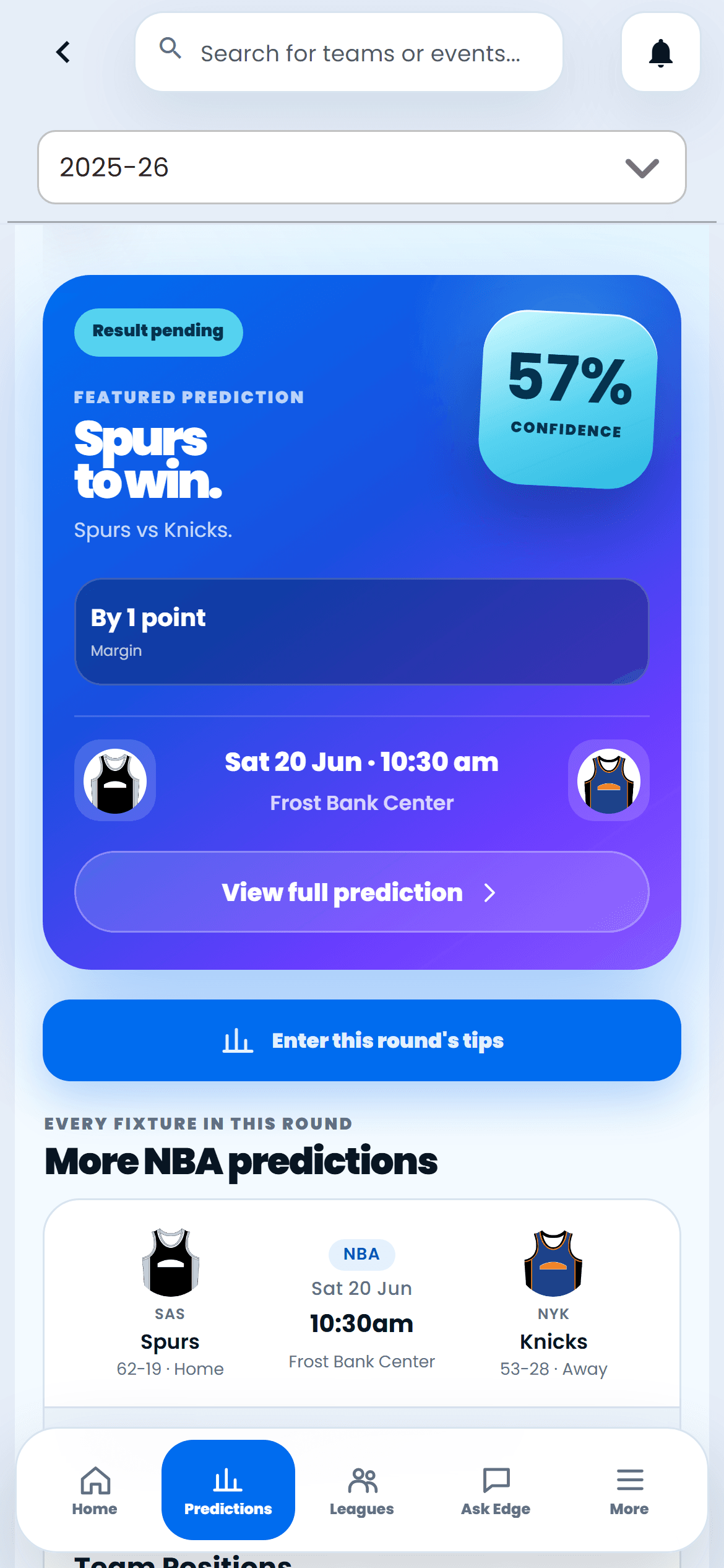 NBA predictions in the Sport Insights app