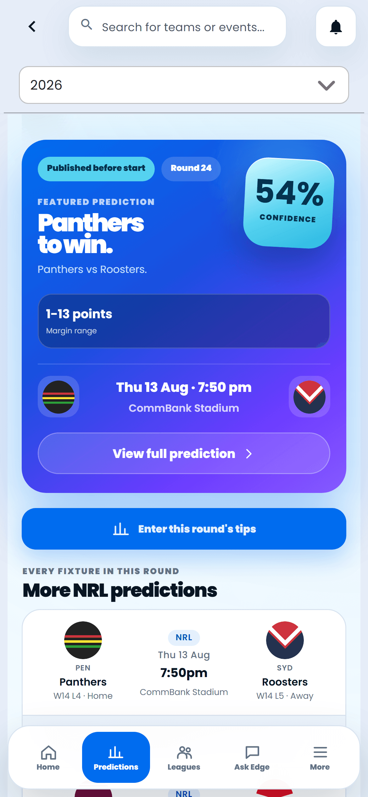NRL predictions in the Sport Insights app
