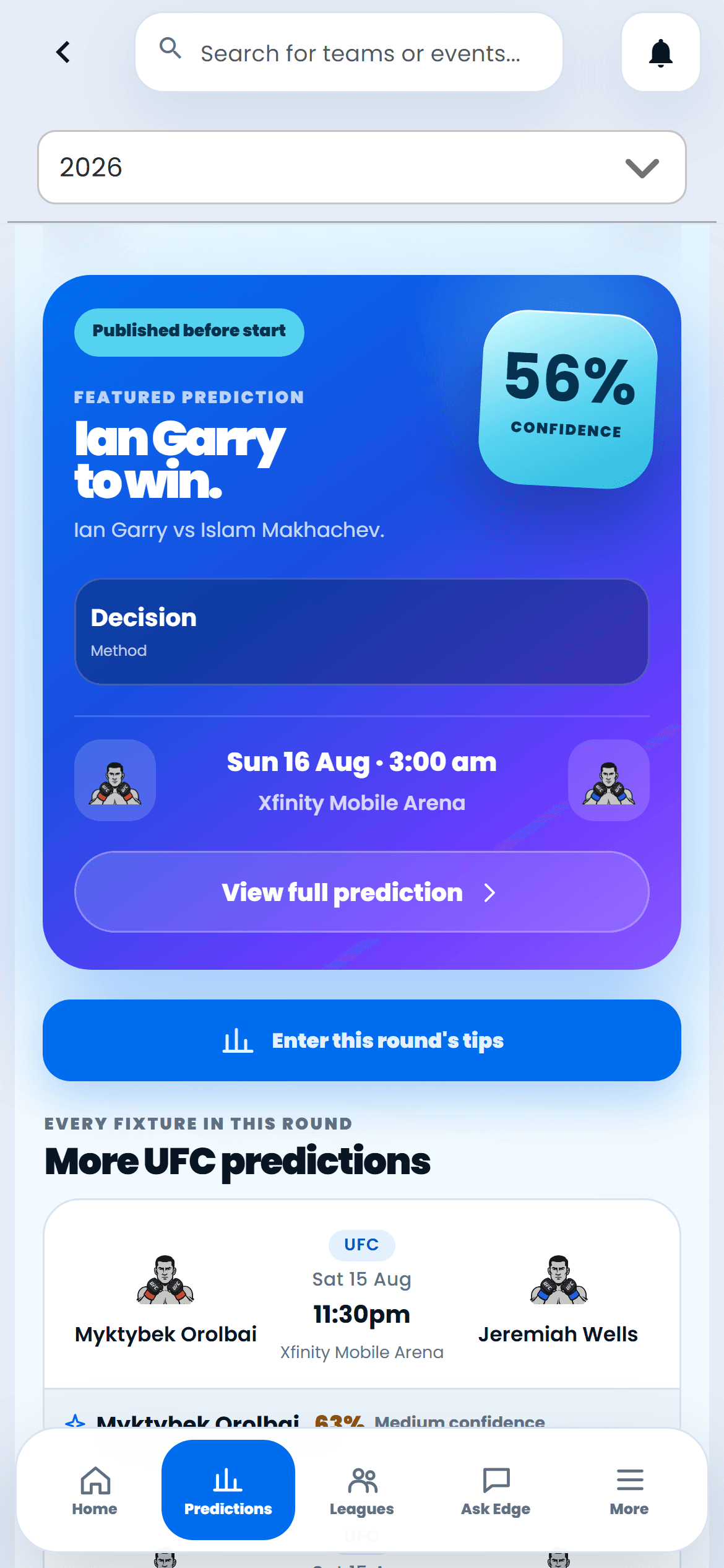 UFC predictions in the Sport Insights app