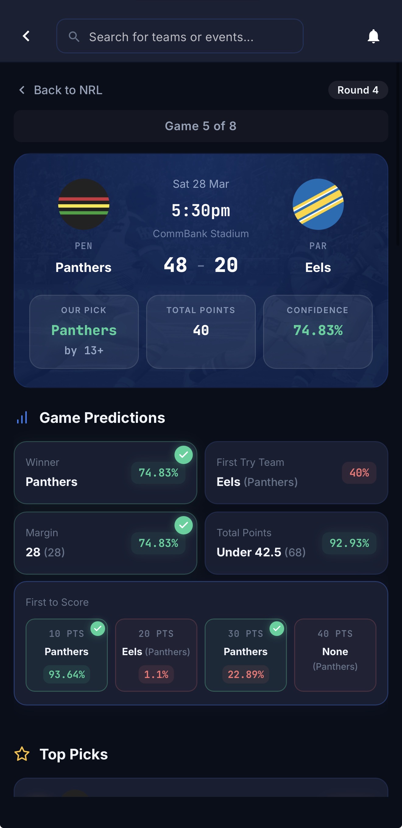 Sport Insights app showing Panthers vs Eels NRL prediction with 74.83% confidence and matched result